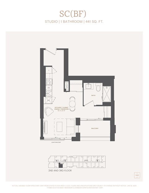 Floor plan for 1 bed, 1 bath, 442 sqft